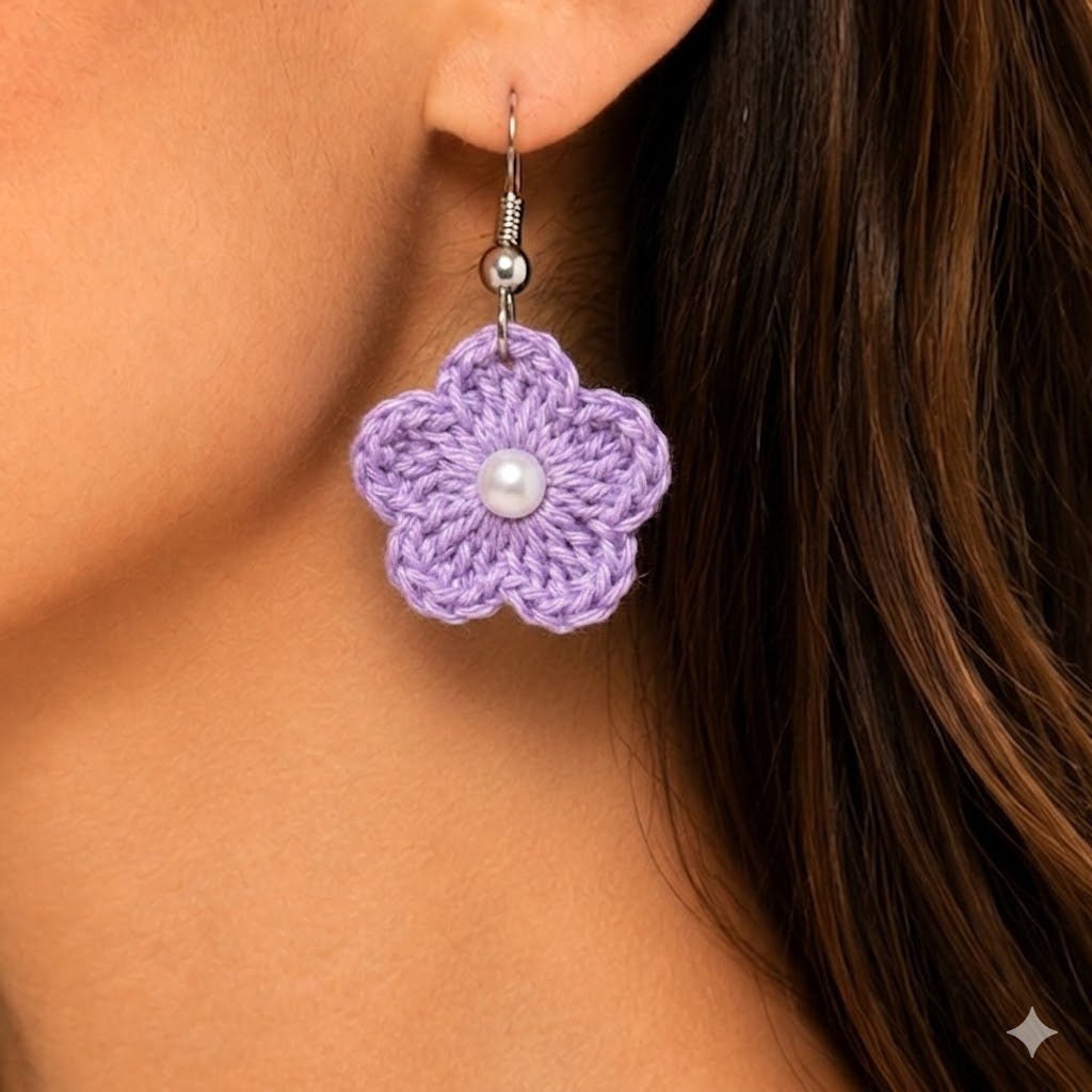 Handmade Crochet Flower Earrings Plain in Multicolour