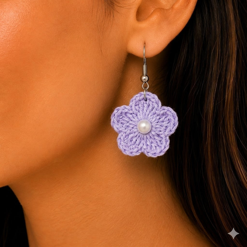 Handmade Crochet Flower Earrings Plain in Multicolour