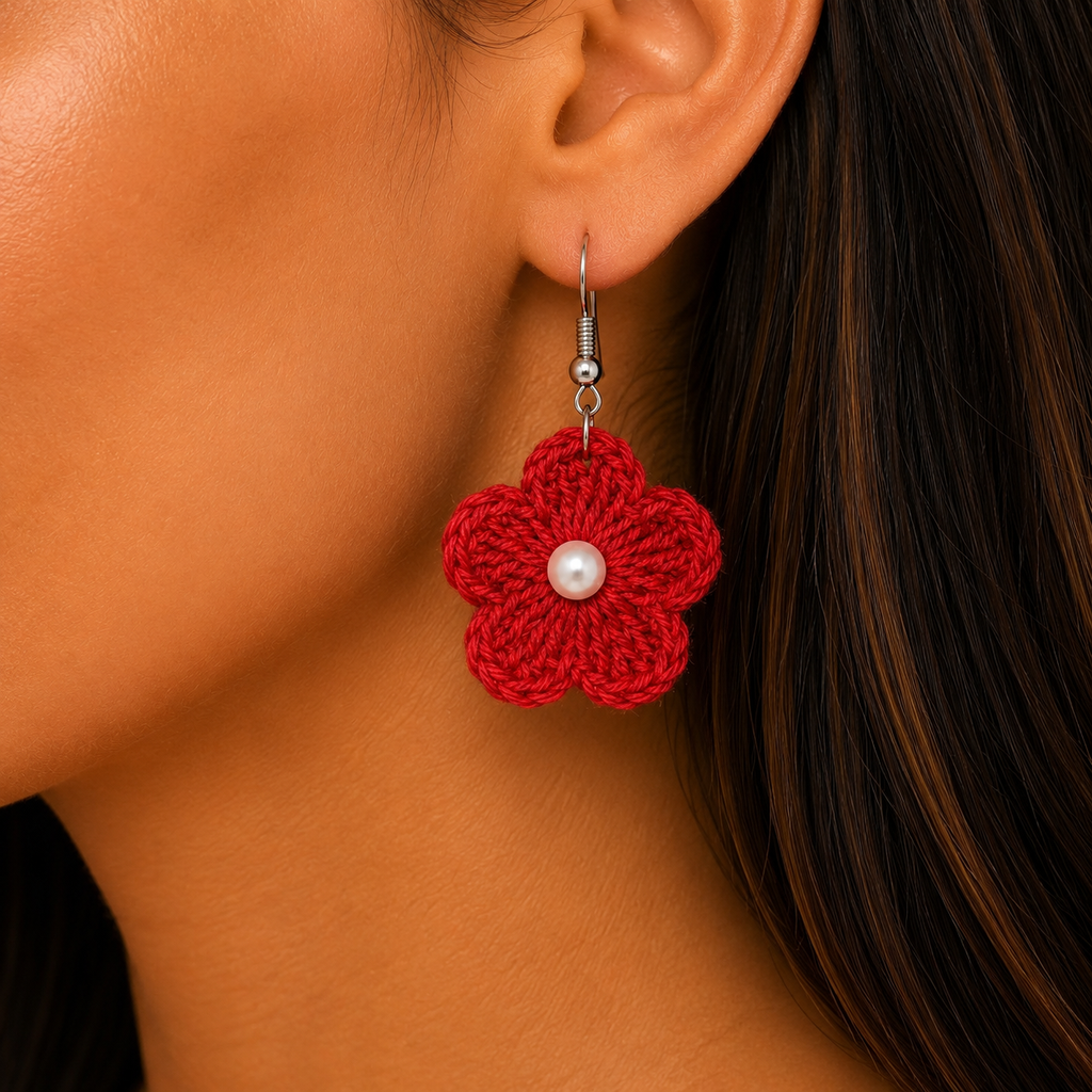 Handmade Crochet Flower Earrings Plain in Multicolour