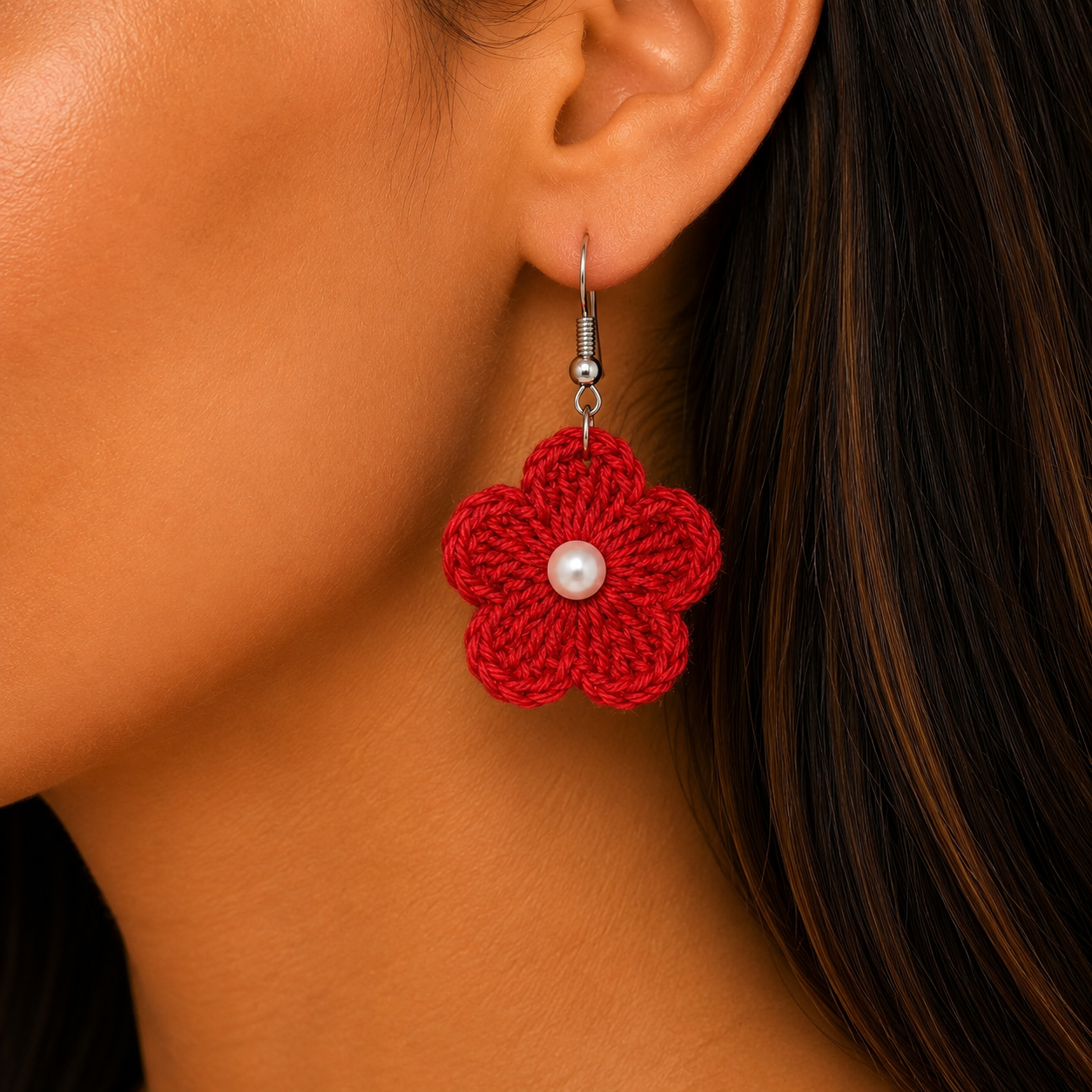Handmade Crochet Flower Earrings Plain in Multicolour