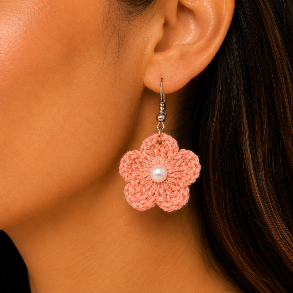 Handmade Crochet Flower Earrings Plain in Multicolour