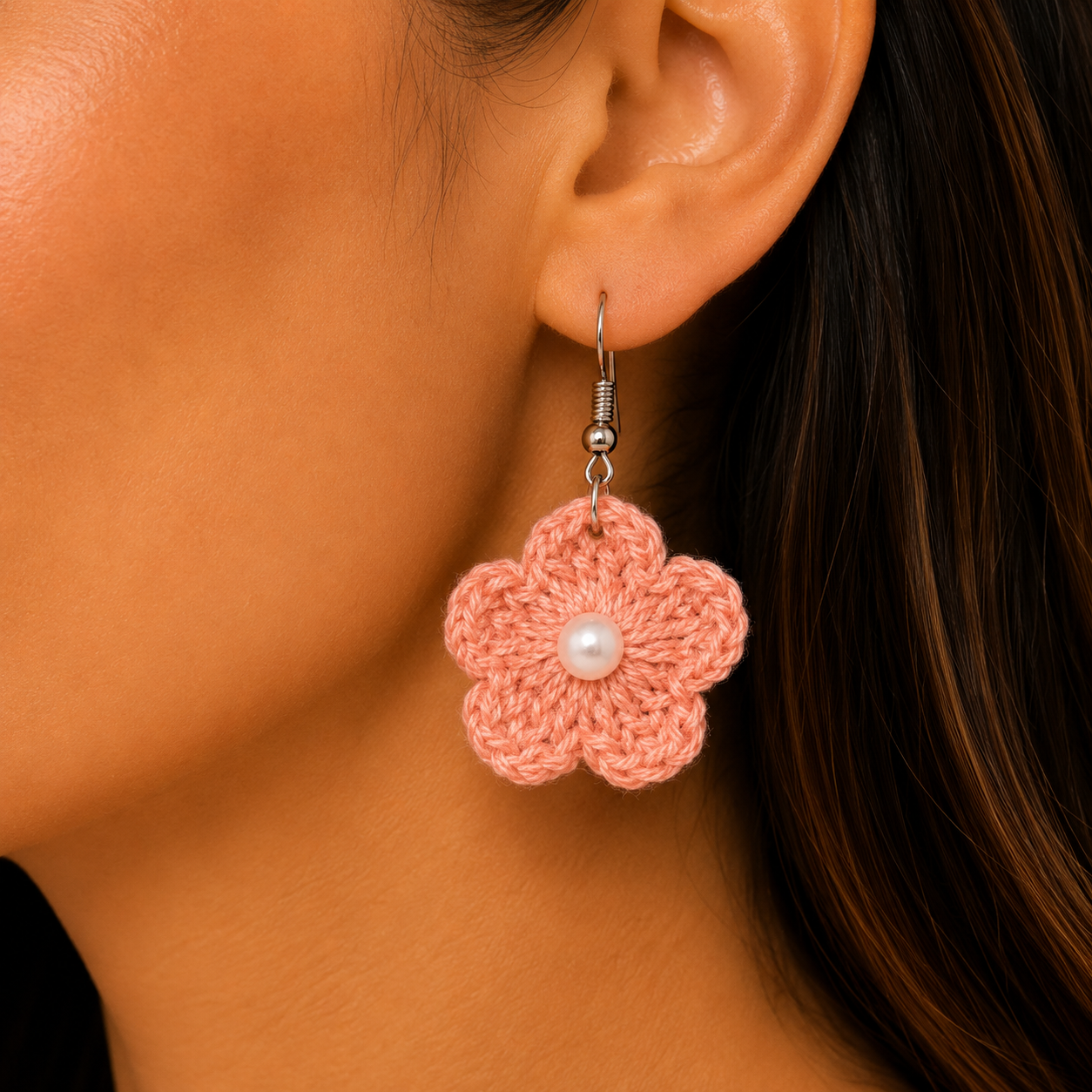 Handmade Crochet Flower Earrings Plain in Multicolour