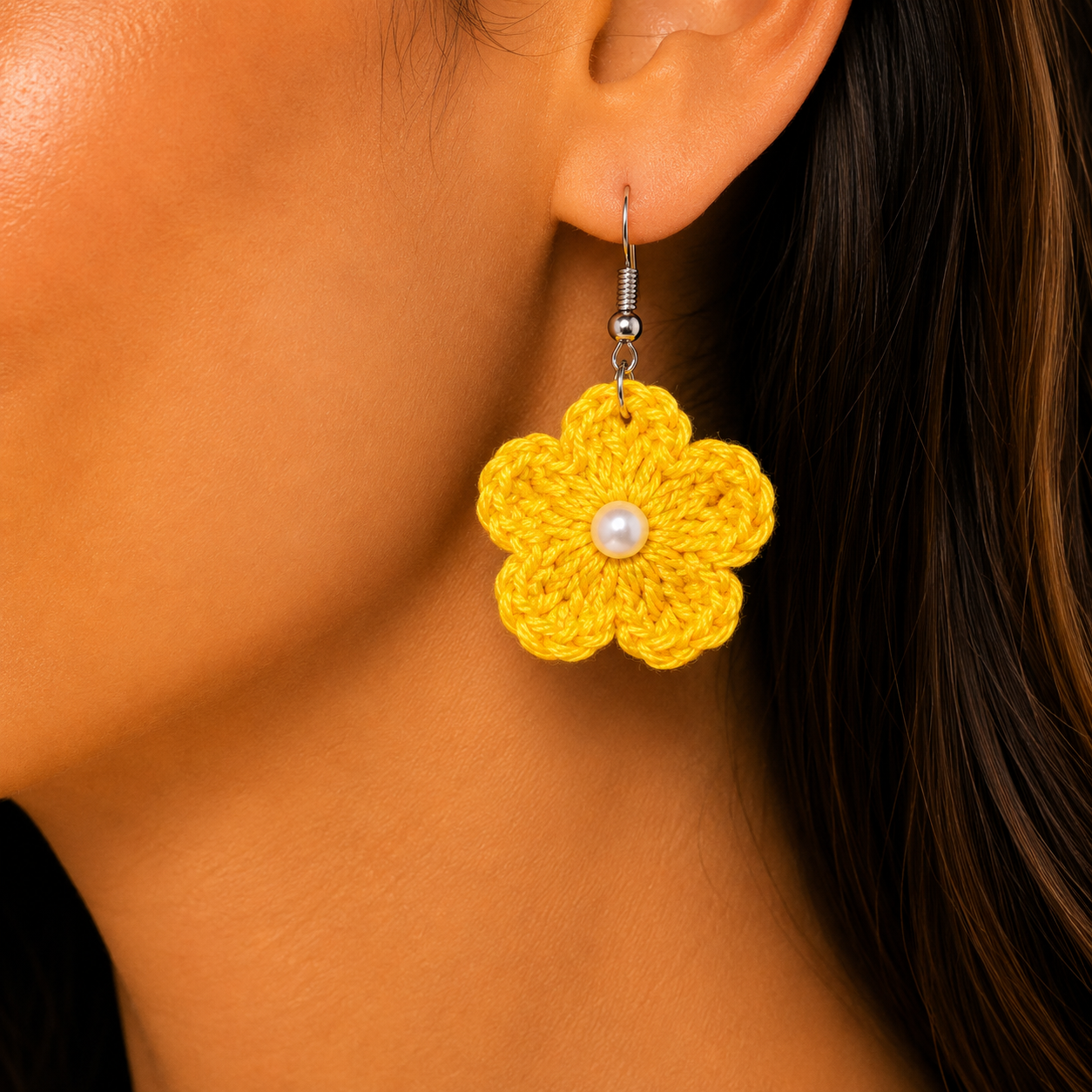 Handmade Crochet Flower Earrings Plain in Multicolour