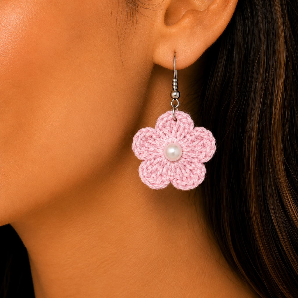 Handmade Crochet Flower Earrings Plain in Multicolour