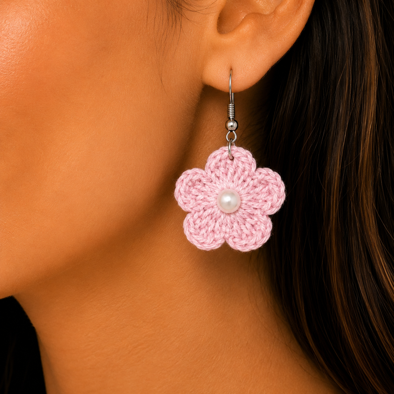 Handmade Crochet Flower Earrings Plain in Multicolour