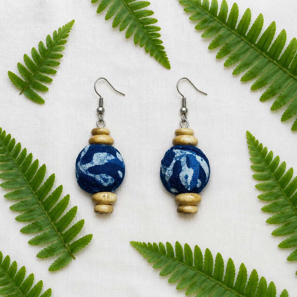 Handmade Indigo fabric bead earrings with natural beige beads by Artisian Touch