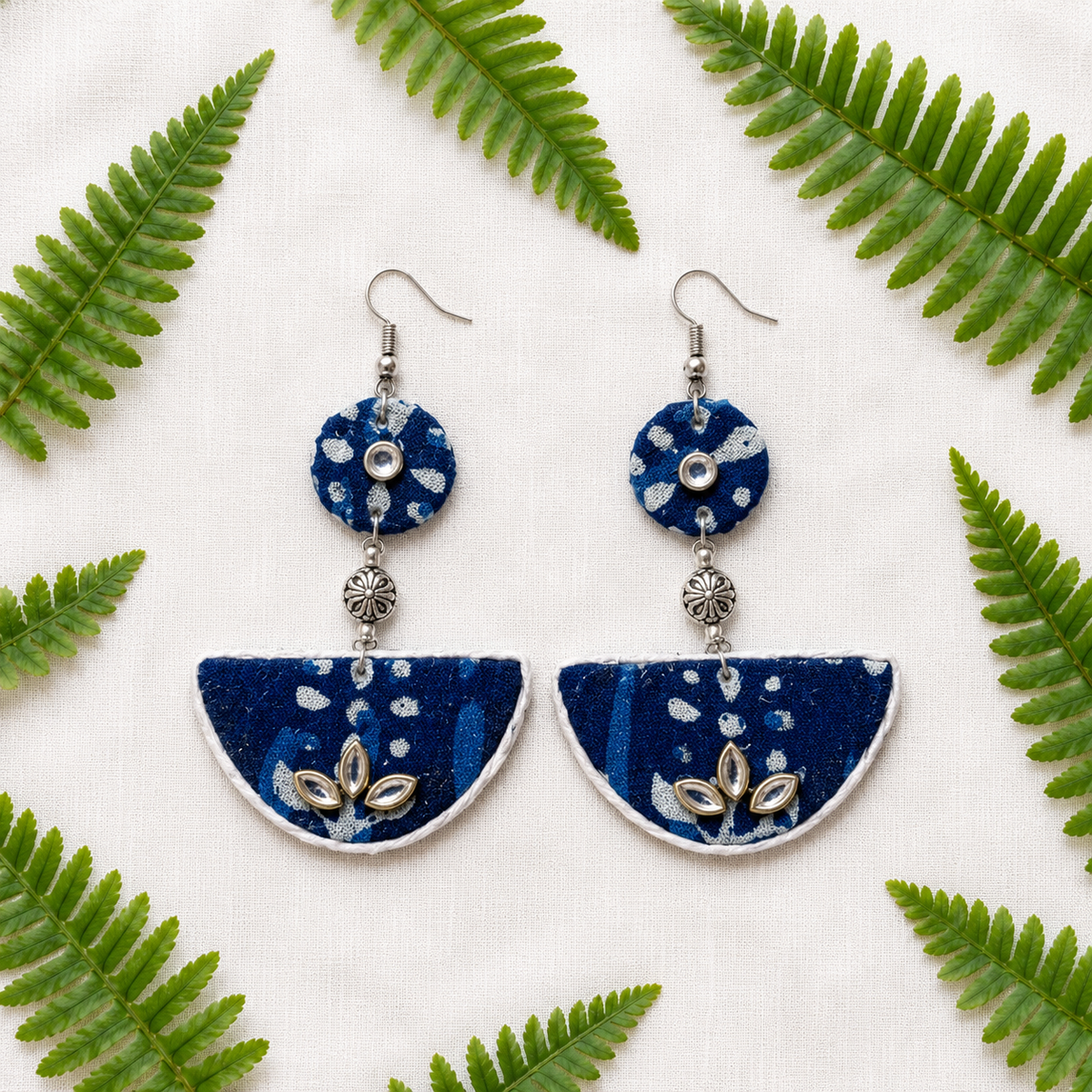 Handmade Indigo fabric half moon and circle earrings with Kundan, silver charms by Artisian Touch
