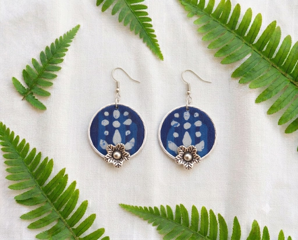 Handmade Indigo fabric round earrings with floral silver charms by Artisian Touch