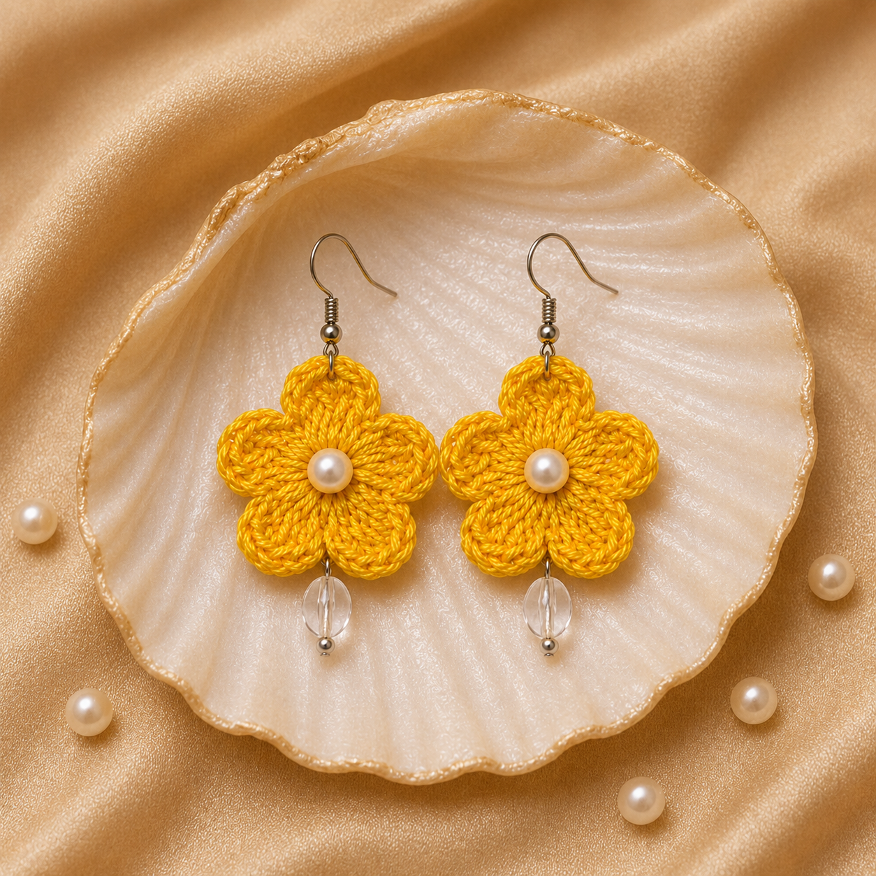 Yellow handmade crochet flower earrings with pearl and white bead accents by Artisian Touch