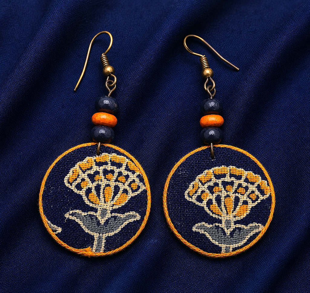 Blue and yellow flower print handmade fabric earrings with traditional Indian handcrafted artwork artisian touch