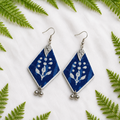 Blue diamond shaped handmade fabric earrings with silver detailing and handcrafted ethnic Indian design artisian touch