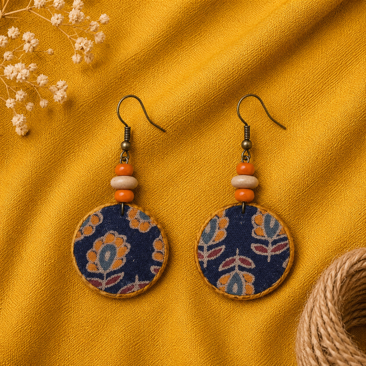 Blue floral handmade fabric earrings with wooden beads and traditional Indian artisan jewellery design artisian touch