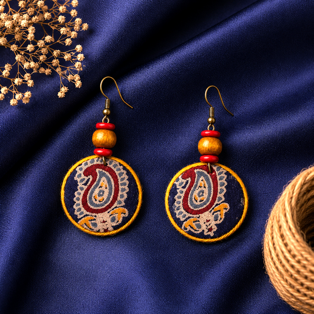 Blue paisley handmade fabric round earrings with wooden beads and ethnic handcrafted design by Artisian Touch