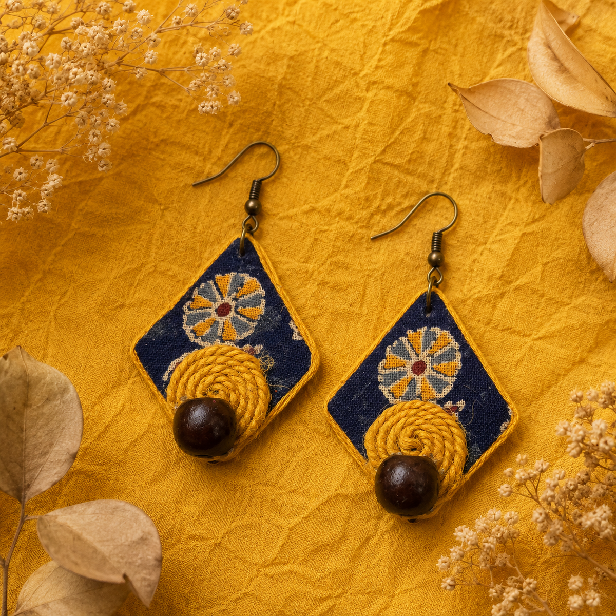 Blue and yellow handmade triangle fabric earrings with floral pattern and traditional Indian craftsmanship artisian touch