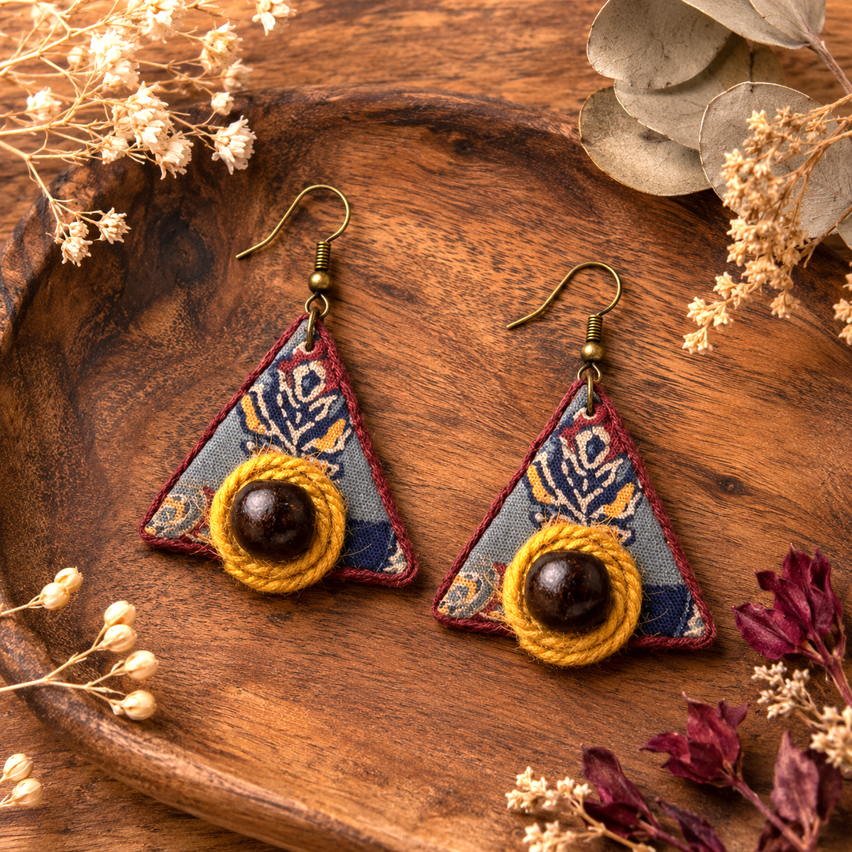 Boho handmade triangular fabric earrings with jute detailing and traditional Indian design by Artisian Touch