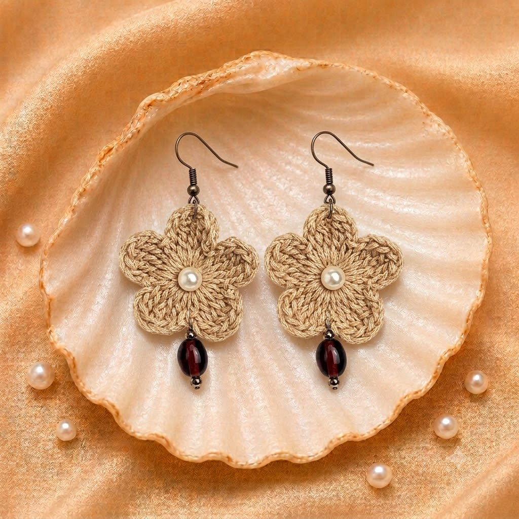 Brown handmade crochet flower earrings with pearl and brown bead accents by Artisian Touch