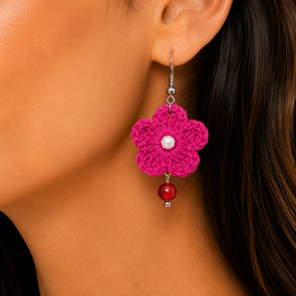 dark pink-handmade-crochet-flower-earrings-artisian-touch