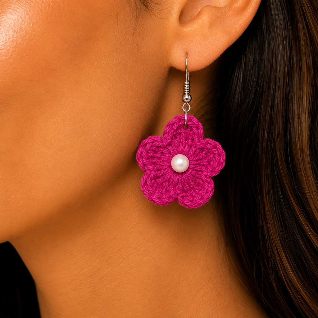 Handmade Crochet Flower Earrings Plain in Multicolour