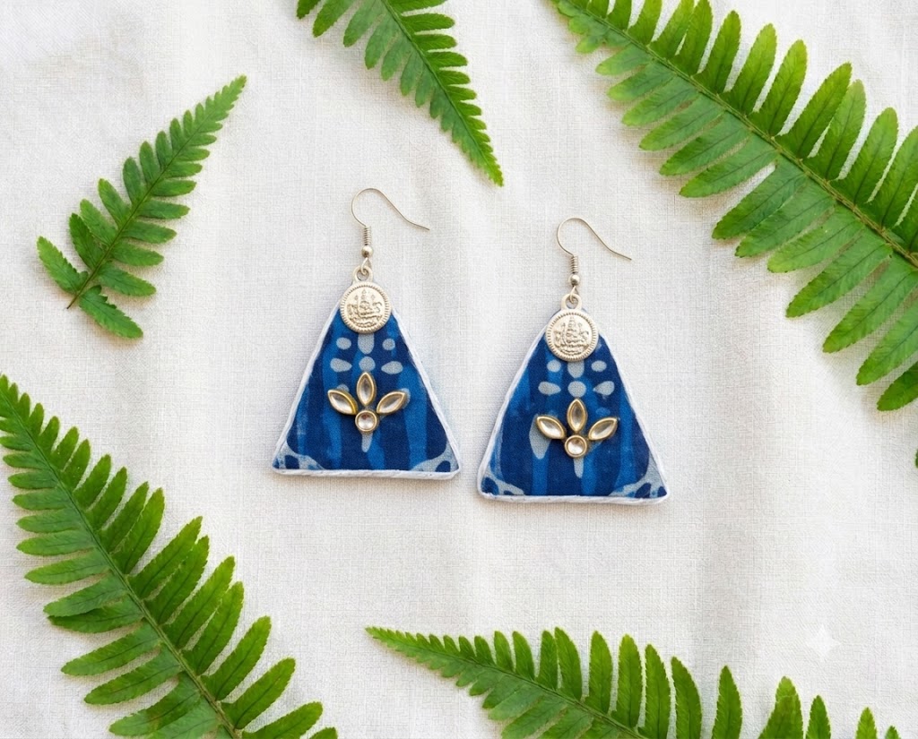 Handmade Indigo fabric triangle earrings with Kundan, silver charms, and ghungroos by Artisian Touch