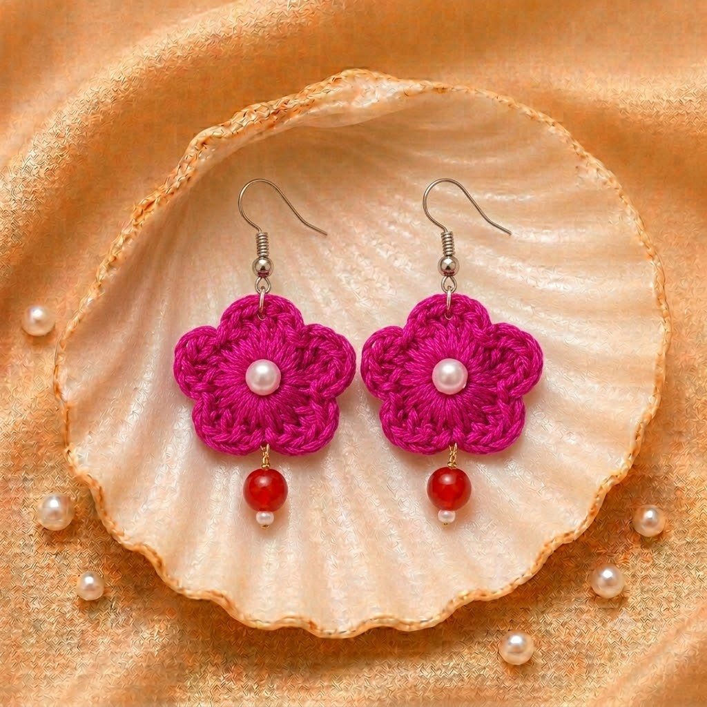 Pink handmade crochet flower earrings with pearl and red bead accents by Artisian Touch