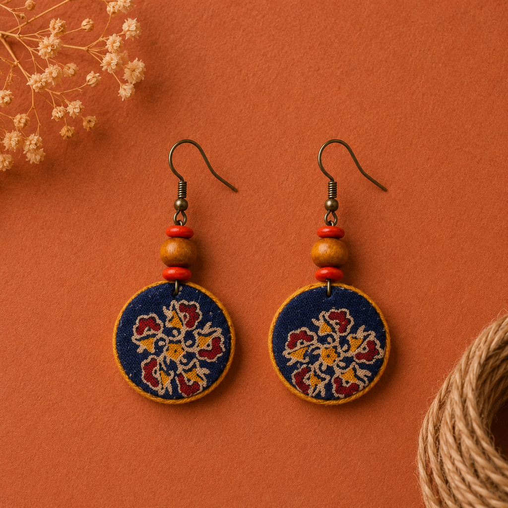 Navy blue handmade fabric round earrings with floral print and boho ethnic style by Artisian Touch