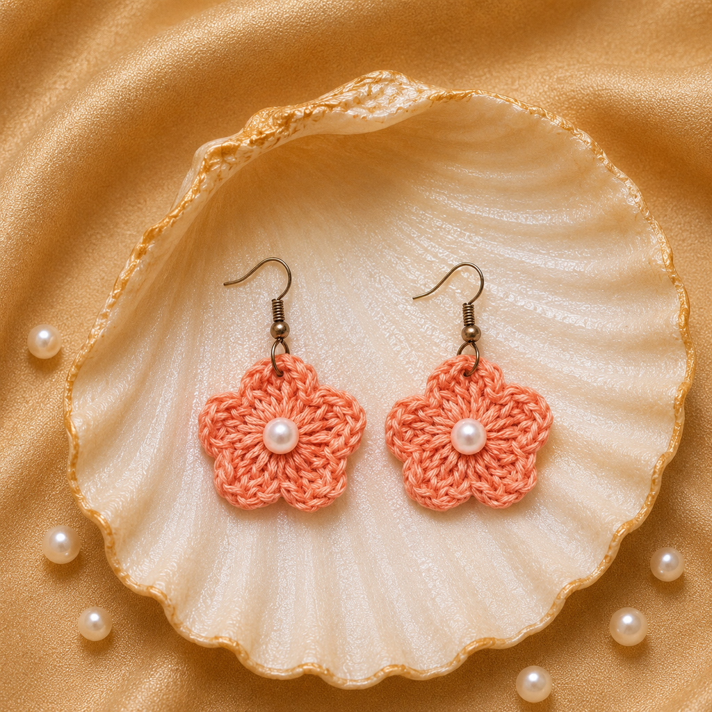 Coral. peach flower earrings with pearls on a seashell artisian touch