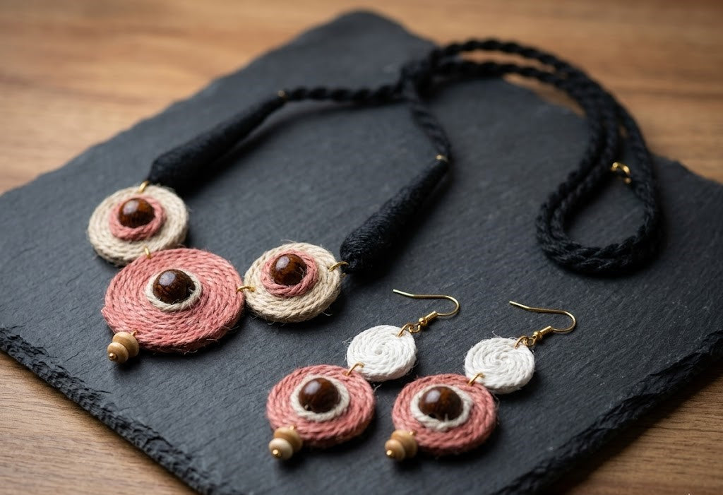 Boho Jute Jewelry Set – Necklace & Earrings, Ring