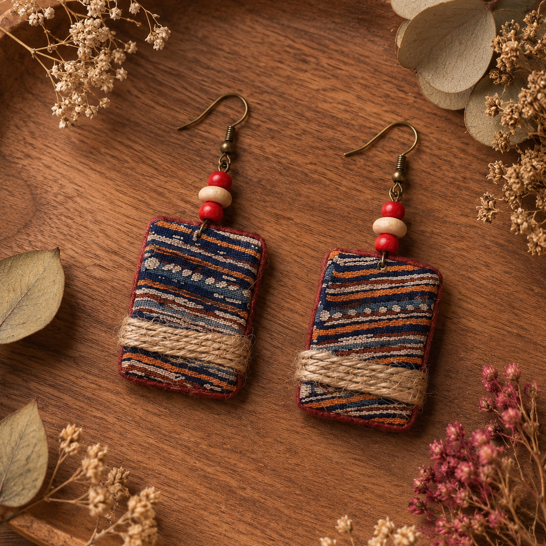 Handmade rectangular Ajrak fabric earrings with jute wrap and ethnic handcrafted design by Artisian Touch