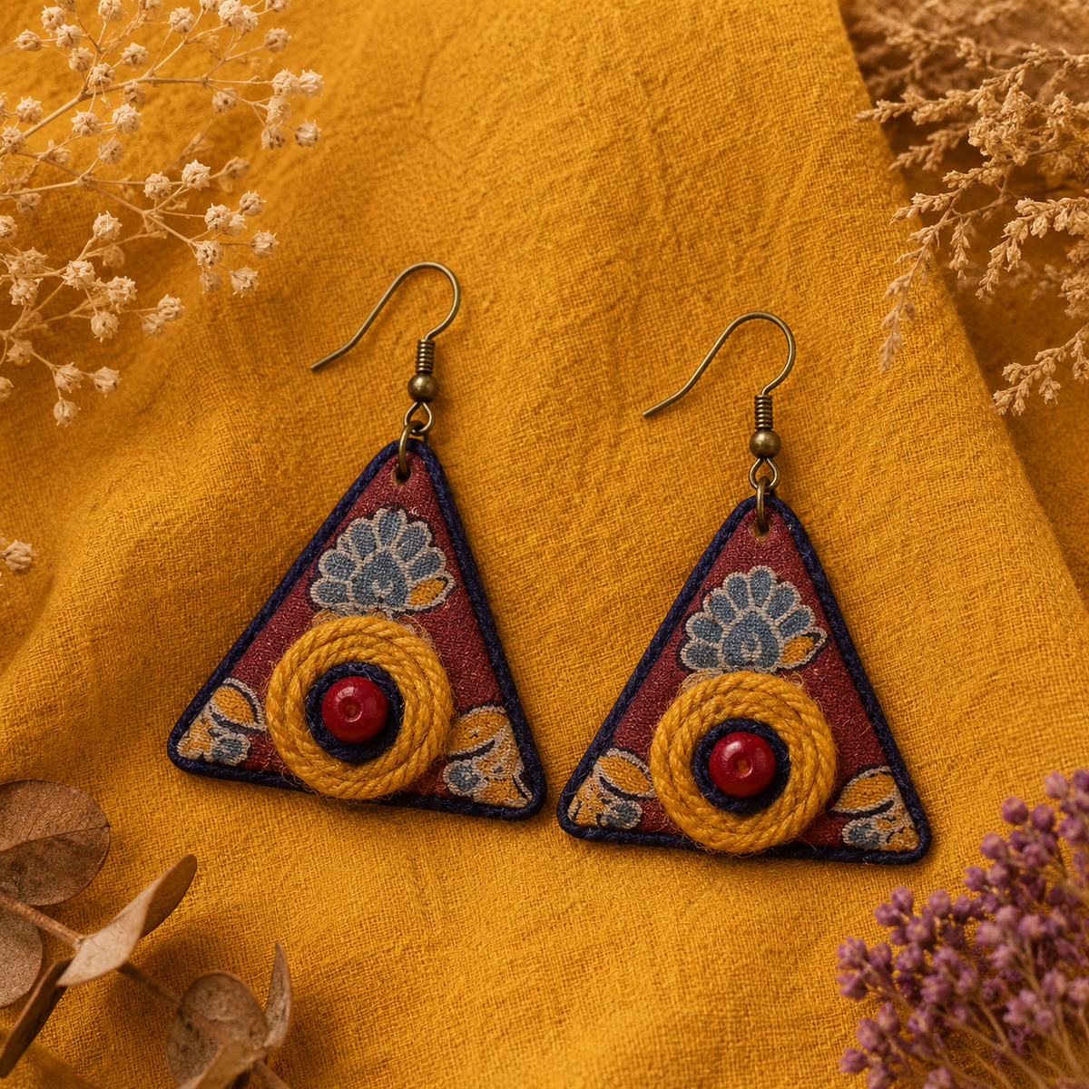 Red and blue handmade triangle fabric earrings with floral ethnic pattern and handcrafted details artisian touch