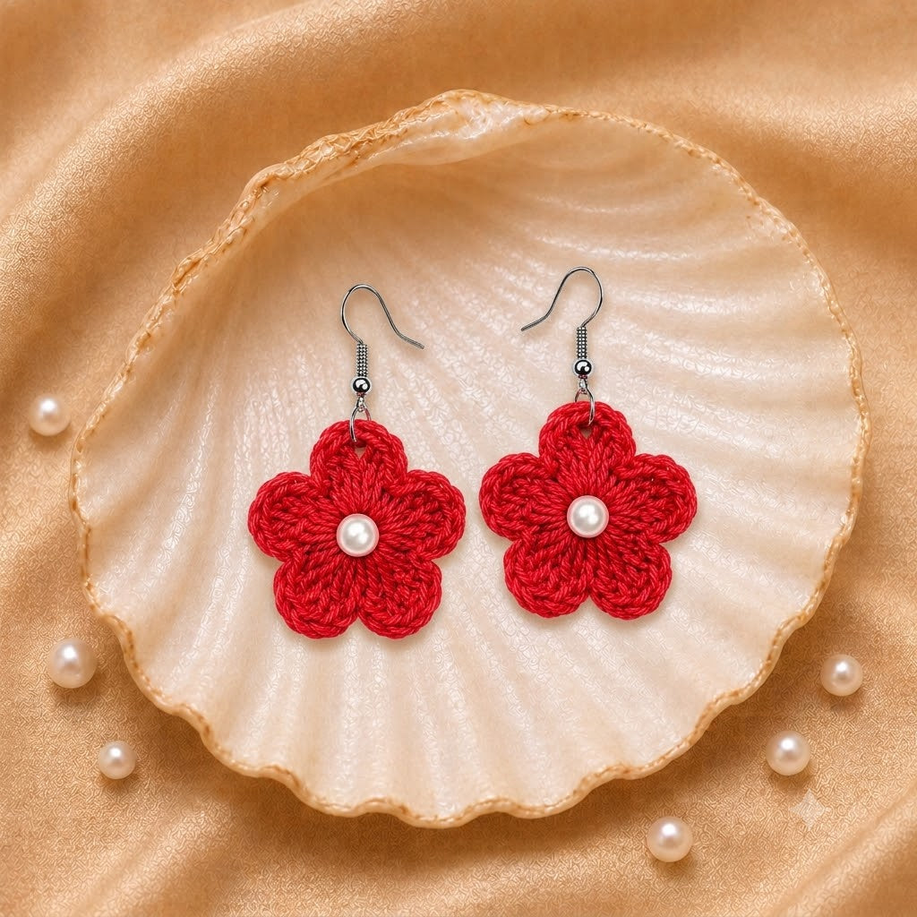 Red flower-shaped earrings with pearls on a shell and pearl background artisian touch