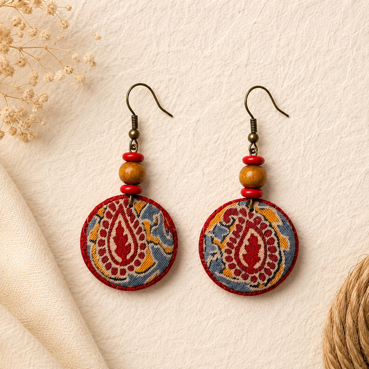 Red paisley Ajrak inspired handmade fabric earrings with wooden beads and handcrafted ethnic finish artisian touch