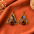 Handmade triangle Ajrak fabric earrings with wooden bead and ethnic embroidery by Artisian Touch