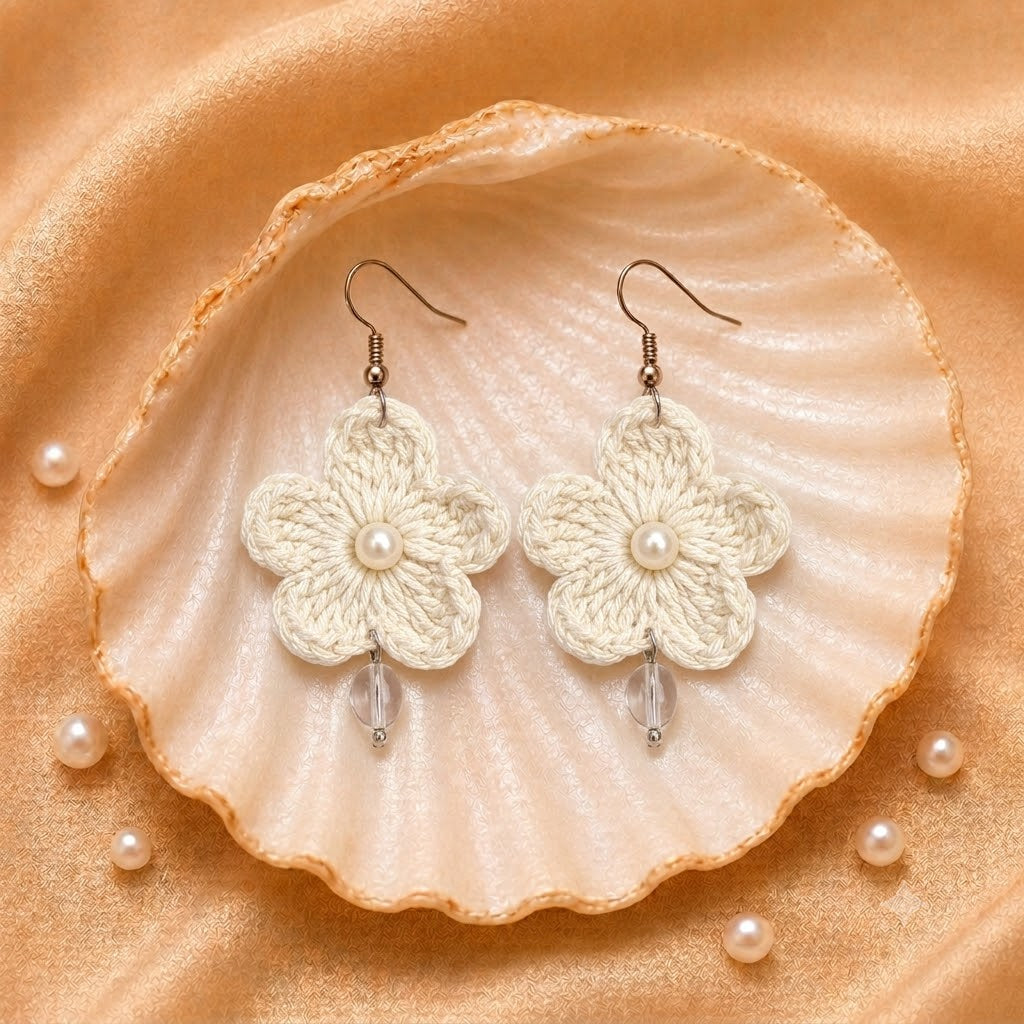 White handmade crochet flower earrings with pearl and white bead accents by Artisian Touch