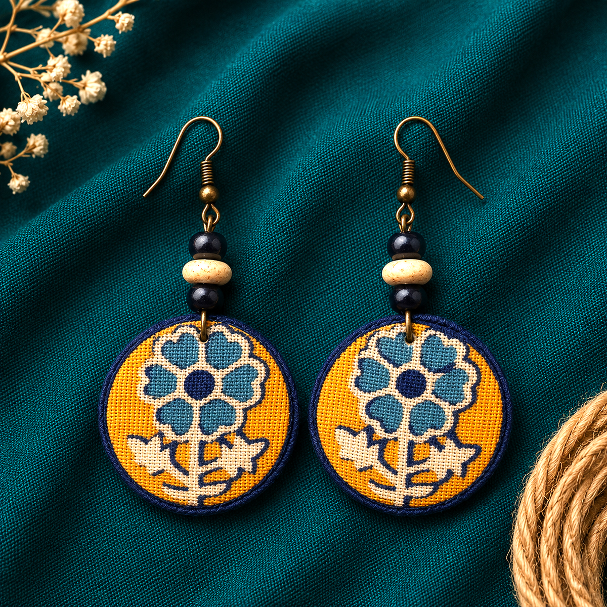 Yellow and blue floral handmade round fabric earrings with ethnic boho jewellery style artisian touch