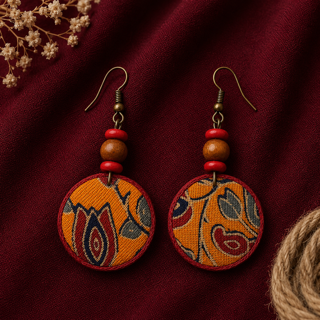 Yellow red paisley handmade fabric earrings with wooden bead detailing and Indian artisan craftsmanship artisian touch